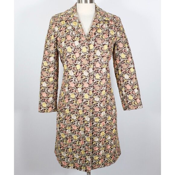 BIYA Johnny Was long coat jacket sz S linen floral roses embroidered brown - Picture 1 of 13